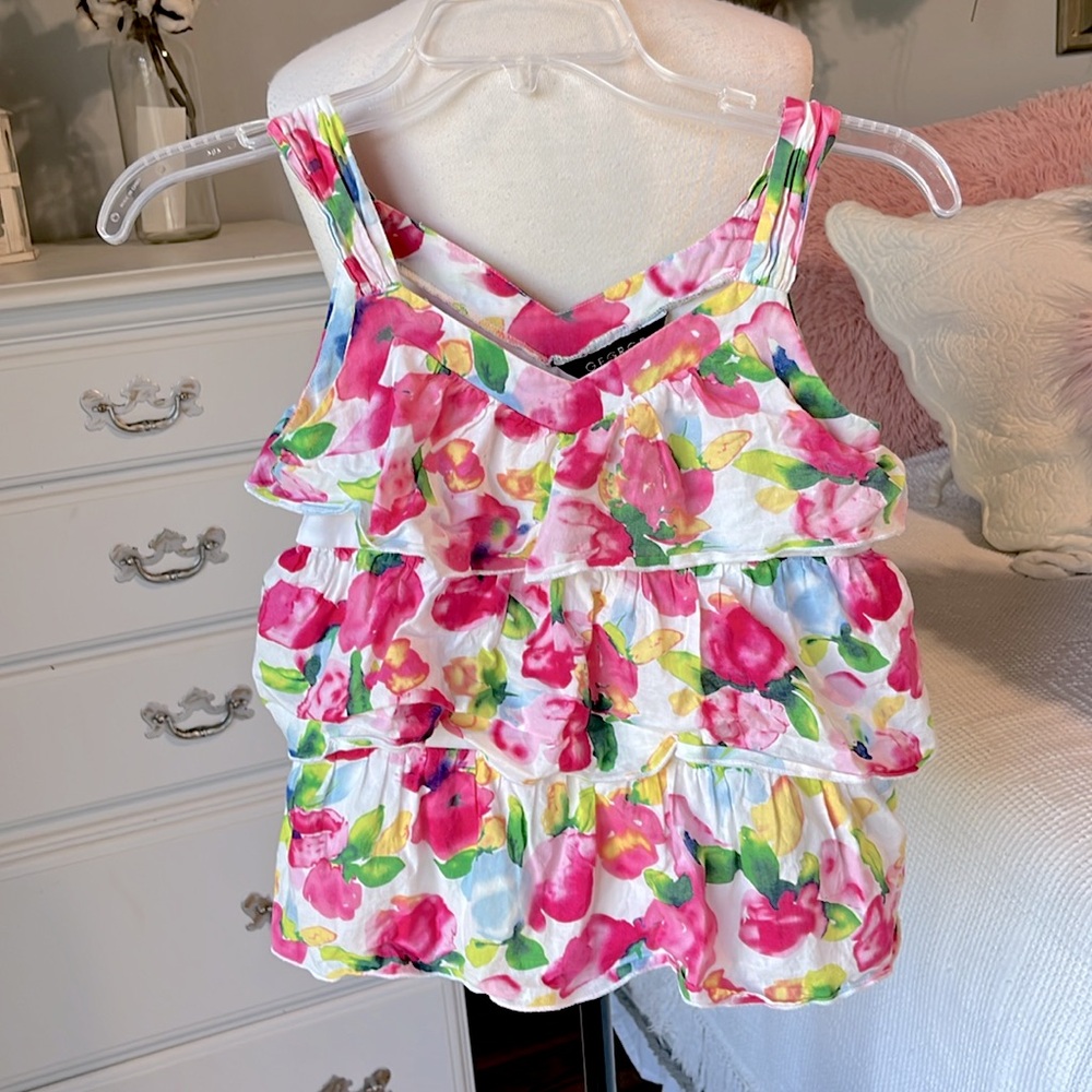 Cotton Pink Floral Tiered Tank Top Ruffles Girls Large 10 12